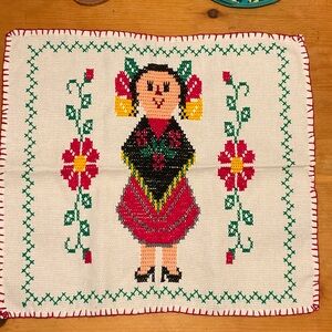 Hand Crafted Embroidered Folk Doll Runner in Red, Green, Black, Yellow